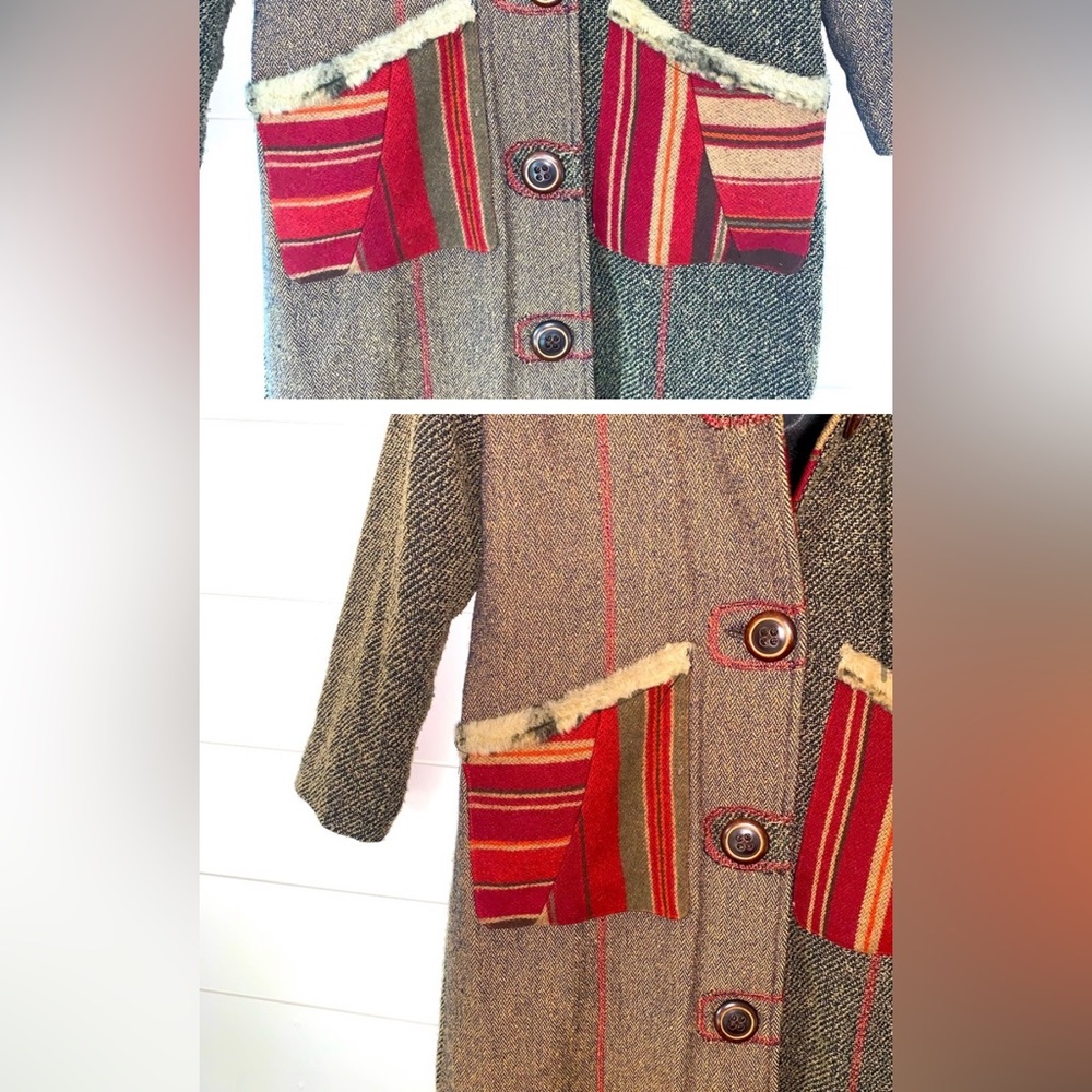 🤍 EVC AMAZING True Vintage Waffle Ikat Kantha Pocket Hooded Lined Long Jacket